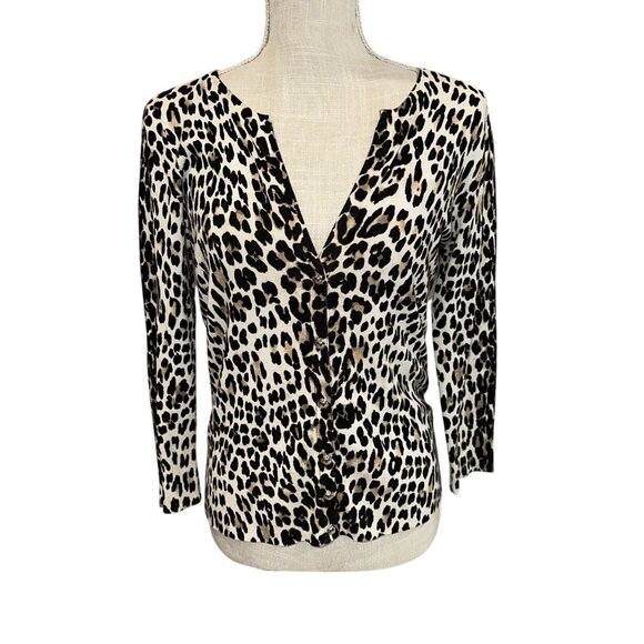 White House Black Market Leopard Print Cardigan S Button-Down V-Neck 3/4 Sleeve - Picture 1 of 5